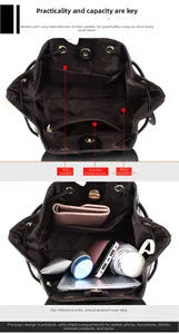 Detail view of large black backpack showing internal compartments and storage capacity