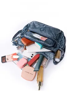Detailed top view of large capacity blue shoulder bag showing organized inner storage space