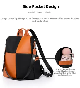 Detail view of contrast color backpack side pocket holding a folding umbrella easily