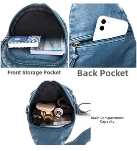 Drei-Fach-Brusttasche aus blauem Waschleder mit Haupt-, Vorder- und Rückreißverschluss