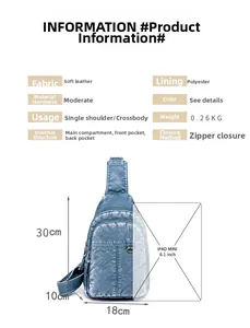 Detaillierte Maße für blaue Crossbody-Tasche aus PU-Leder mit iPad-Größenvergleich