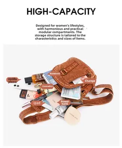 Detailed view showing high capacity of the vintage brown PU bag with organized daily items