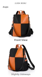Detail view of contrast color backpack with orange and black blocks in front and side views