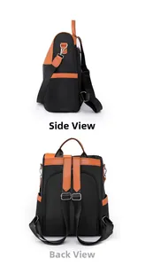 Detail view of contrast color backpack showing side and back anti-theft zipper pockets