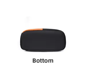 Detail view of the flat rectangular base showing black matte material and orange leather trim