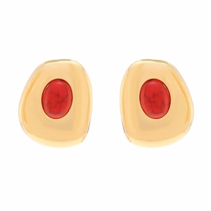 Vintage irregular gold metal earrings with oval red turquoise stone in court style
