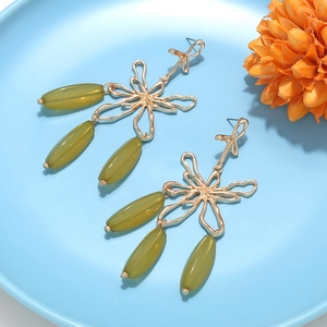 French style gold hollow flower earrings with olive green geometric beads