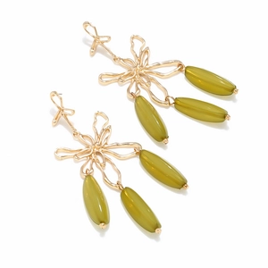 Long boho flower earrings with olive green beads and gold hollow floral geometry