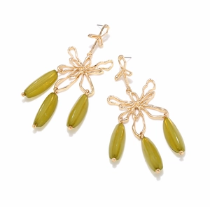 French vintage style gold hollow floral earrings with elegant green long geometric beads