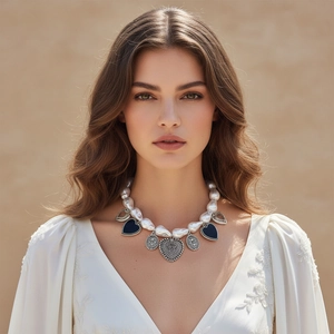 Collier À Pendentif Coeur Künstliche Perle Baroque Imitation Alliage De Zinc Émail Noir Bijoux Bohème Vintage Pour Femmes
