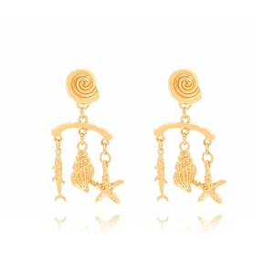 Tropical sea shell and starfish tassel earrings with gold finish for summer vacation