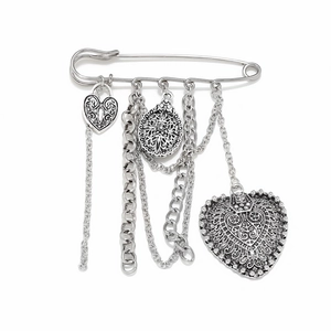 Retro silver heart brooch with safety pin base and hanging chain tassel details