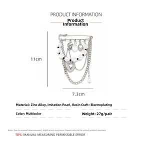 Detailed size specifications for heart tassel brooch with pearls and silver chains