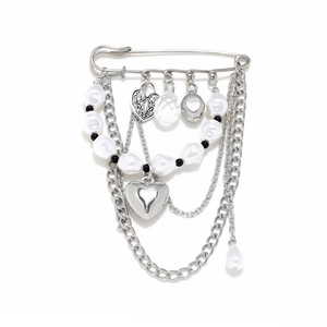Silver fringe brooch with pearl heart pendant and metal chains for jackets and jeans
