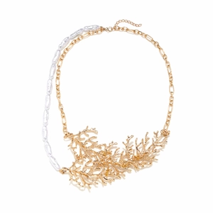 Baroque pearl necklace with gold coral branch pendant and asymmetrical chain link