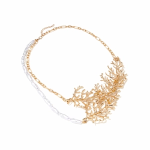 Baroque pearl necklace with gold coral branch pendant and layered metal chain design
