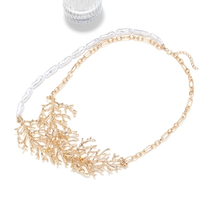 Baroque pearl necklace with gold coral pendant and layered beads in ocean style