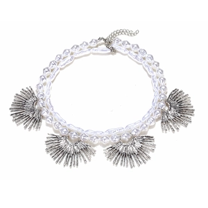Retro multi-layer baroque pearl necklace with silver sunburst charms on white background