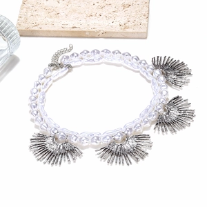 Baroque pearl necklace with silver sunburst leaf pendants on aesthetic stone base