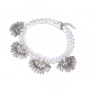 Baroque pearl layered necklace with vintage sunflower pendants in silver finish