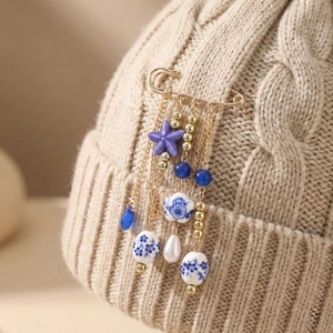 Vintage Tassel Dangle Brooch Gold Alloy Starfish Blue White Porcelain Ceramic Beads Faux Artificial Pearl Safety Pin Jewelry For Women