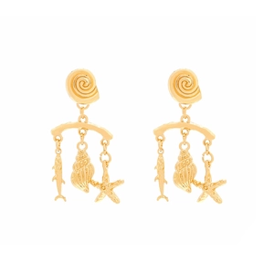 Tropical sea shell and starfish tassel drop earrings in polished gold metal