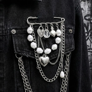 Vintage Alloy Brooch With Imitation Artificial Pearl Heart Tassel Multi Layer Chains Safety Pin Gothic Jewelry For Women Men