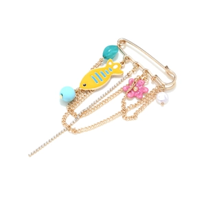 Golden tropical fish brooch with pink flower and dangling tassel chains for clothing decoration