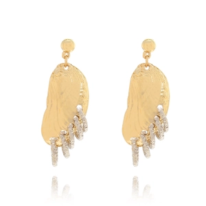Gold hammered geometric earrings with silver twisted ring fringe charms in 3D view