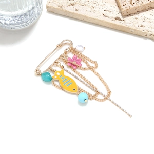 Tropical fish and flower pin with gold chains and colorful enamel charms for clothes