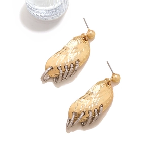 Two-tone shell geometric hoop earrings with hammered gold texture and silver wire wrap