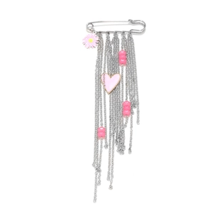 Retro silver safety pin brooch with pink flower, heart pendant, and long chain tassels