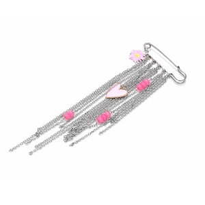 Silver pin brooch with pink heart, daisy charms and long metal tassels on white background