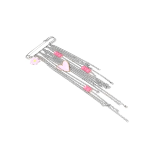 Silver pin brooch with pink heart and daisy tassels on a clean white background