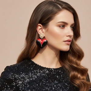 Boucles D'Oreilles Cœur Künstliche Perle D'Imitation Émail Rouge Noir Contraste Fermeture Éclair Dorée Tige En Acier Inoxydable