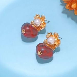 Vintage heart earrings with gold petals, faux pearls and translucent red resin flower charms