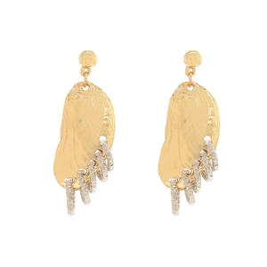 Hammered gold drop earrings with silver spiral rings in a dual-tone geometric design