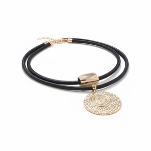 Multi-layer black leather cord necklace with hammered gold coin pendant and metal tube
