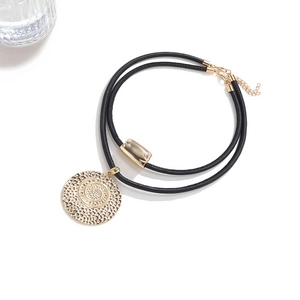 Double-layer black PU leather cord necklace with hammered gold coin pendant and metal slide