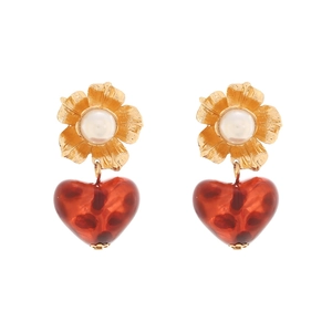 Vintage floral gold studs with leopard print red resin heart drop earrings for women