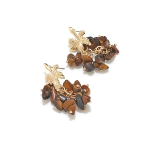 Bohemian handmade beaded dangle earrings with maple leaf stud and brown natural stones