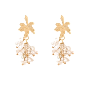 Bohemian leaf-shaped gold earrings with clear irregular beaded clusters on white background