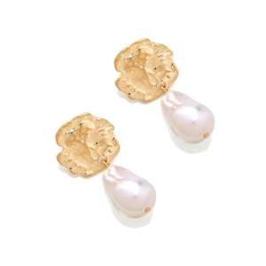 Vintage geometric gold coin earrings with baroque pearls in a minimalist retro style