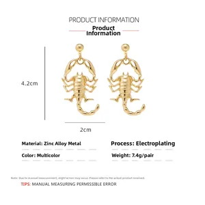 Detail view of gold scorpion earrings showing size dimensions 4.2cm by 2cm on white background