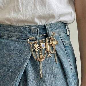 Gold Alloy Safety Pin Brooch With Crab Fish Tropical Leaf Charms Blue Rhinestone Chain Tassel Waist Adjuster For Women