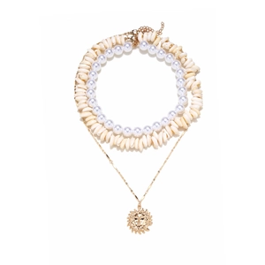 Dreilagiges Boho-Halsketten-Set mit Muscheln, Perlen und Sonnenanhänger