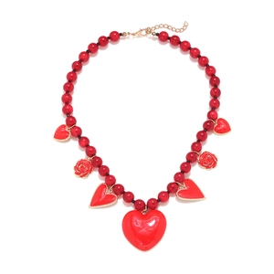 Beaded necklace with red heart and rose charms featuring elegant gold-plated edges
