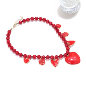 French vintage red beaded necklace featuring oil-dripping hearts and roses for women