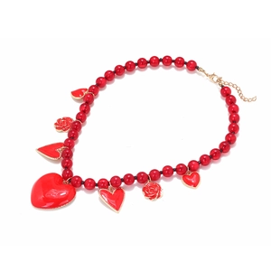 Handmade beaded necklace with red heart and rose flower pendants on gold adjustable chain