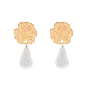 Baroque pearl earrings with golden geometric hammered coin design in vintage style